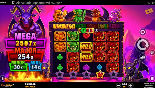 Alpha Gods Baphomet base game screenshot showing reels and features