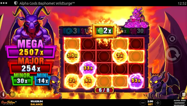 Screenshot of Alpha Gods Baphomet slot demo showing reels and bonus game features