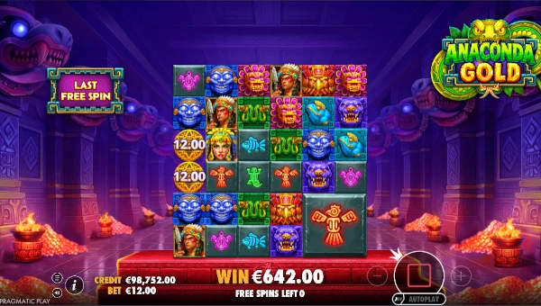 Screenshot of Anaconda Gold slot demo showing reels and bonus game features