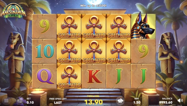 Screenshot of Anksunamun Deluxe slot demo showing reels and bonus game features