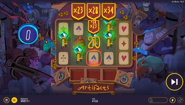 Screenshot of Artifacts slot demo showing reels and bonus game features