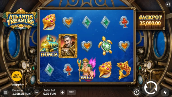 Atlantis Treasure base game screenshot showing reels and features