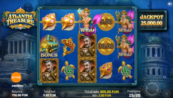 Screenshot of Atlantis Treasure slot demo showing reels and bonus game features