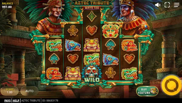 Aztec Tribute base game screenshot showing reels and features