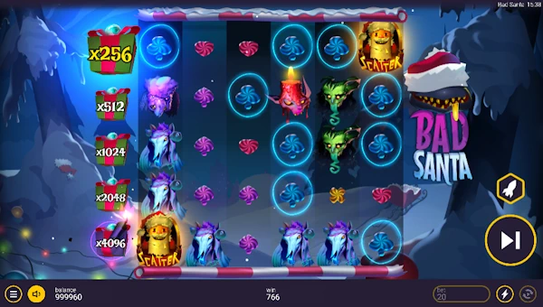 Bad Santa base game screenshot showing reels and features