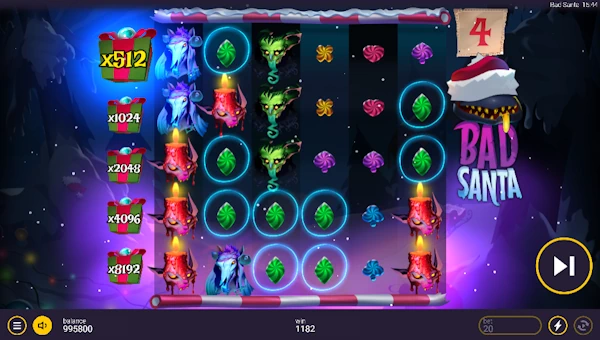 Screenshot of Bad Santa slot demo showing reels and bonus game features