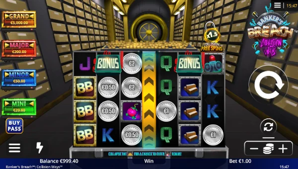 Bankers Breach Collision Ways base game screenshot showing reels and features