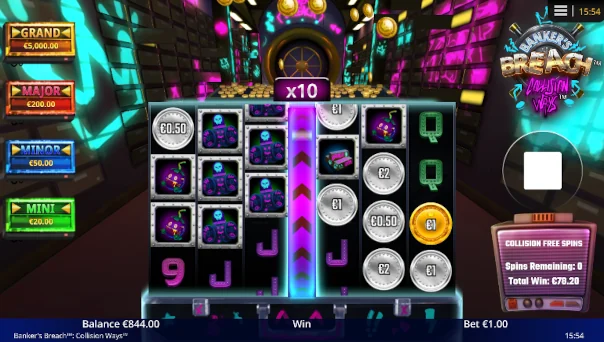 Screenshot of Bankers Breach Collision Ways slot demo showing reels and bonus game features