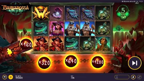 Screenshot of Barbarossa Beyond the Edge slot demo showing reels and bonus game features