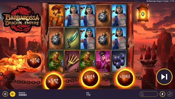 Screenshot of Barbarossa Dragon Empire slot demo showing reels and bonus game features