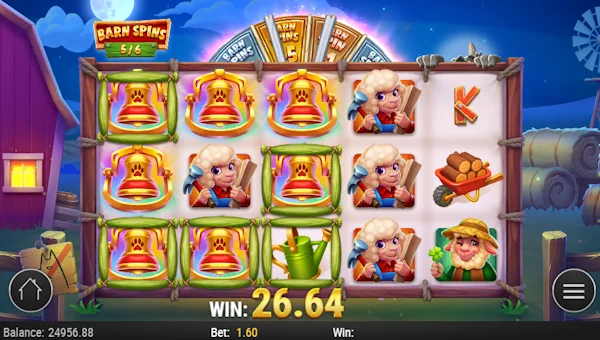 Screenshot of Barn Busters slot demo showing reels and bonus game features