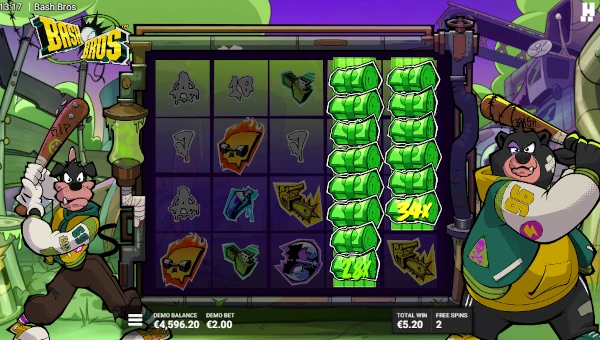 Screenshot of Bash Bros slot demo showing reels and bonus game features