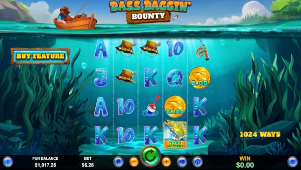 Bass Baggin Bounty base game screenshot showing reels and features