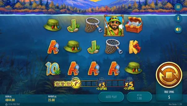 Screenshot of Bass Hunter slot demo showing reels and bonus game features