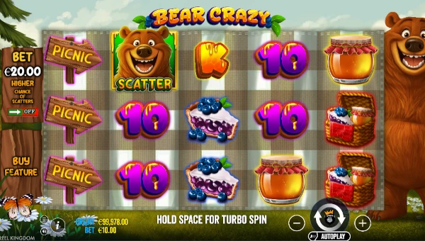 Bear Crazy base game screenshot showing reels and features