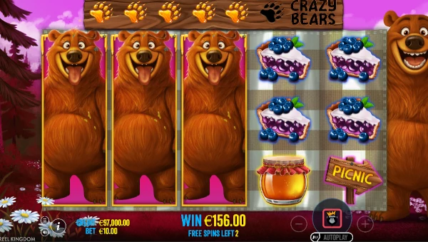 Screenshot of Bear Crazy slot demo showing reels and bonus game features