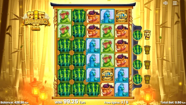 Screenshot of Big Bamboo 2 slot demo showing reels and bonus game features