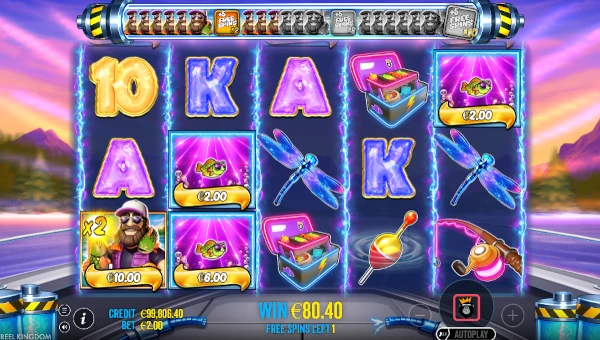 Screenshot of Big Bass Blast slot demo showing reels and bonus game features