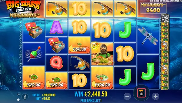 Screenshot of Big Bass Bonanza Megaways slot demo showing reels and bonus game features