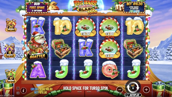 Big Bass Christmas Blast 1000 base game screenshot showing reels and features