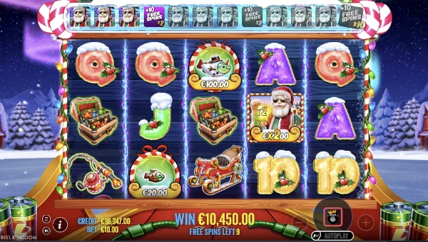 Screenshot of Big Bass Christmas Blast 1000 slot demo showing reels and bonus game features