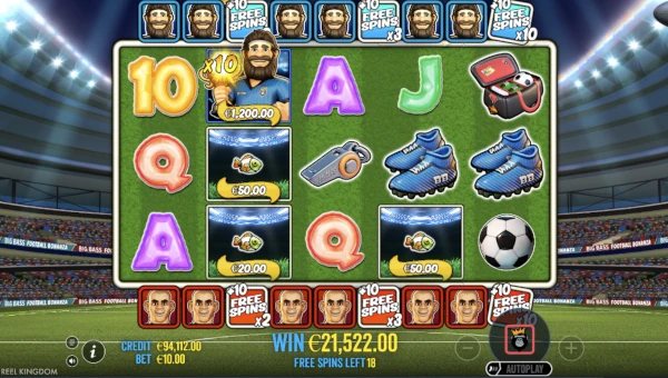 Screenshot of Big Bass Football Bonanza slot demo showing reels and bonus game features