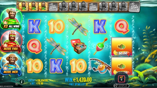 Screenshot of Big Bass Trophy Catch slot demo showing reels and bonus game features