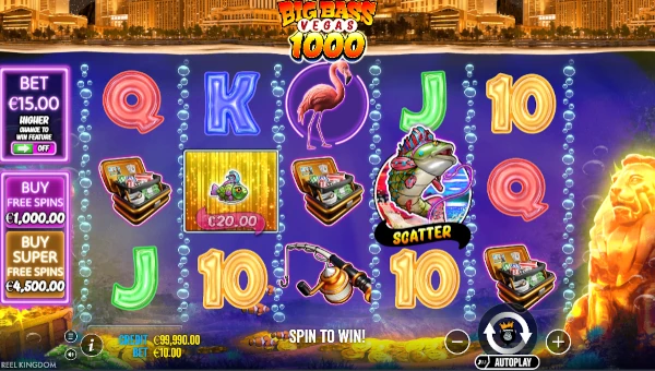 Big Bass Vegas 1000 base game screenshot showing reels and features