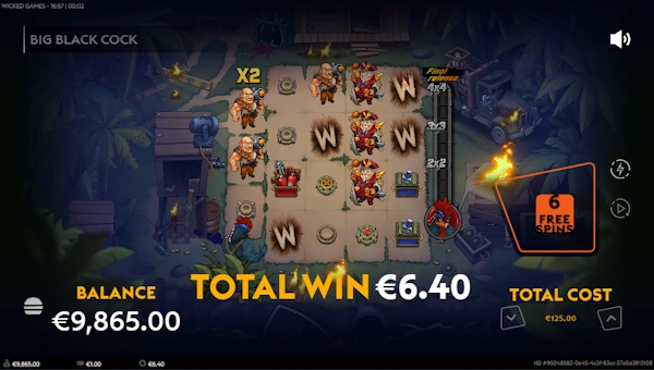 Screenshot of Big Black Cock slot demo showing reels and bonus game features