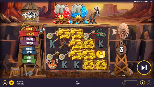Screenshot of Big Bounty Bandits 3 Pots slot demo showing reels and bonus game features