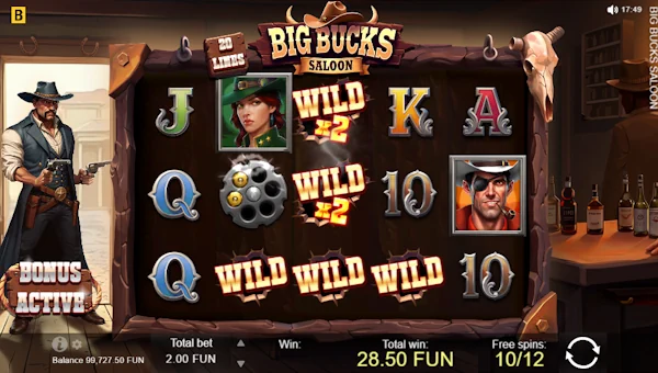 Screenshot of Big Bucks Saloon slot demo showing reels and bonus game features