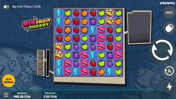 Big Fruit Theory base game screenshot showing reels and features