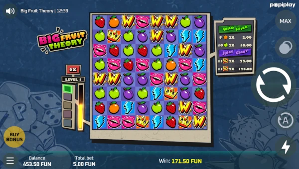 Screenshot of Big Fruit Theory slot demo showing reels and bonus game features