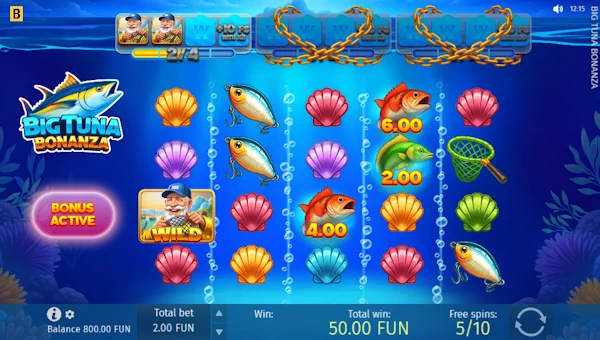 Screenshot of Big Tuna Bonanza slot demo showing reels and bonus game features