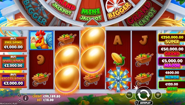 Bigger Barn House Bonanza base game screenshot showing reels and features