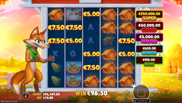 Screenshot of Bigger Barn House Bonanza slot demo showing reels and bonus game features