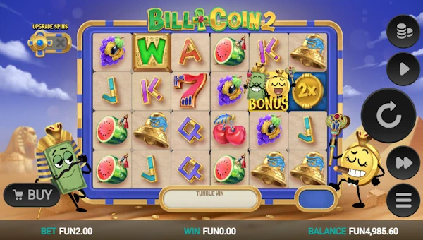 Bill and Coin 2 Mummy Mischief base game screenshot showing reels and features