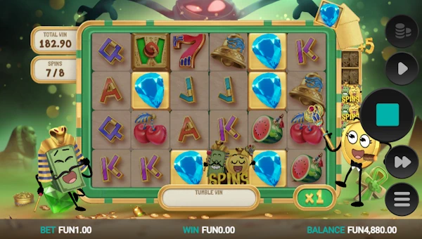 Screenshot of Bill and Coin 2 Mummy Mischief slot demo showing reels and bonus game features