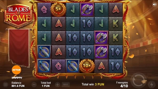 Screenshot of Blades Of Rome slot demo showing reels and bonus game features