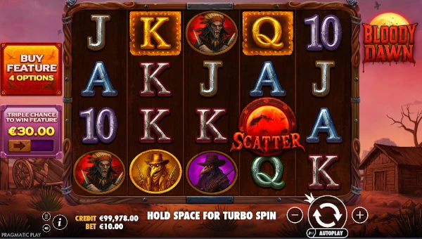 Bloody Dawn base game screenshot showing reels and features