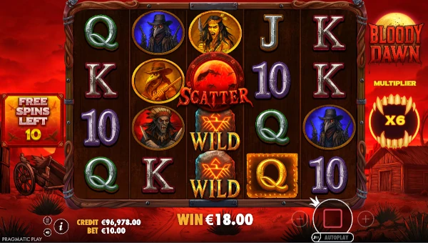 Screenshot of Bloody Dawn slot demo showing reels and bonus game features