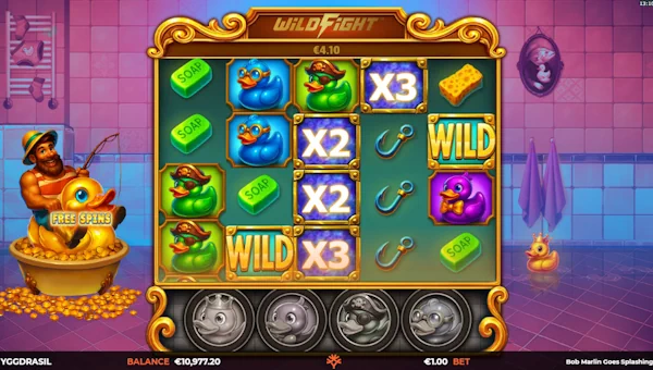 Screenshot of Bob Marlin Goes Splashing slot demo showing reels and bonus game features
