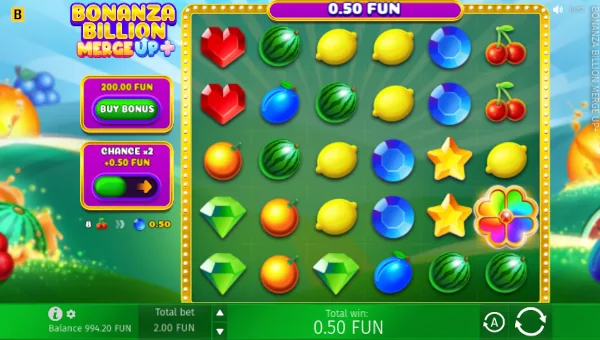 Bonanza Billion Merge Up base game screenshot showing reels and features