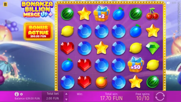 Screenshot of Bonanza Billion Merge Up slot demo showing reels and bonus game features