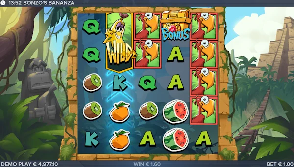 Bonzos Bananza base game screenshot showing reels and features