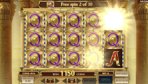 Screenshot of Book of Dead slot demo showing reels and bonus game features