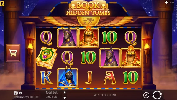 Book of Hidden Tombs base game screenshot showing reels and features