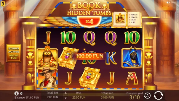 Screenshot of Book of Hidden Tombs slot demo showing reels and bonus game features