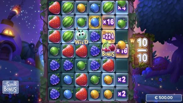 Screenshot of Boomberries slot demo showing reels and bonus game features