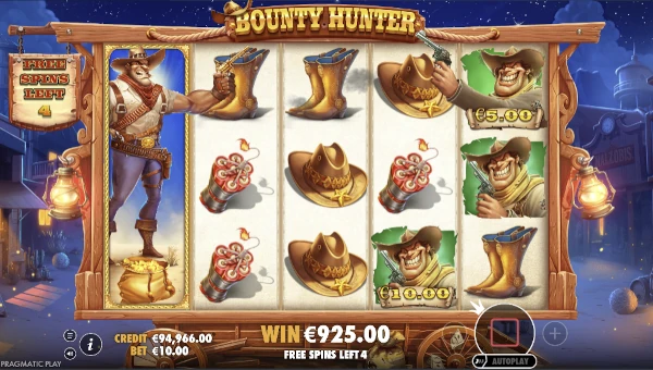 Screenshot of Bounty Hunter slot demo showing reels and bonus game features